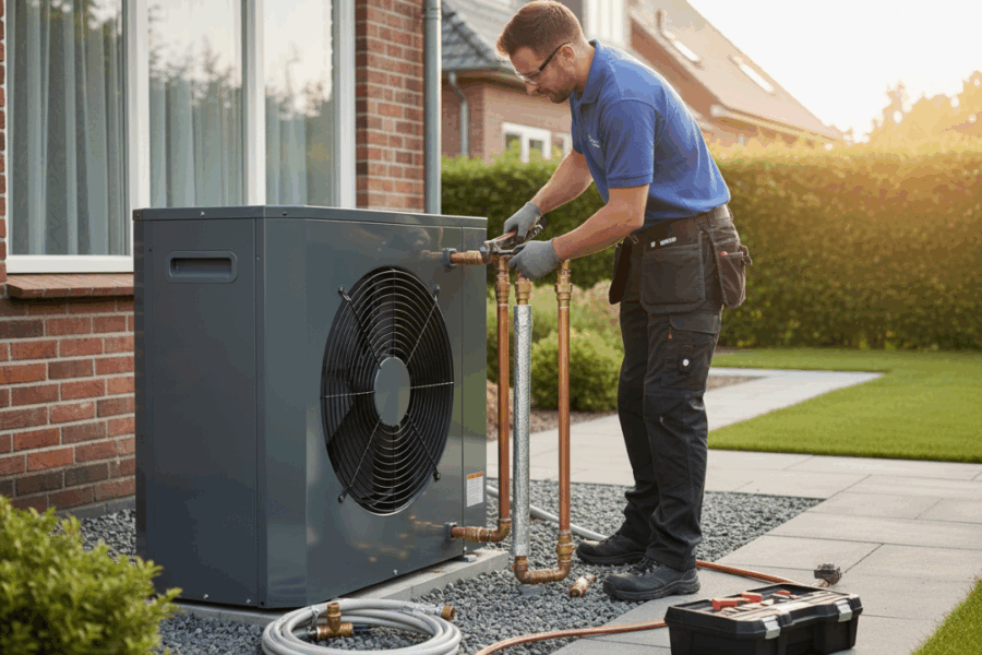 Firefly_Gemini Flash_create a hyper-realistic image for a heat pump plumbing page, donot write anything on 18212